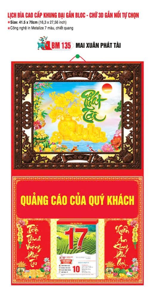 Bìa Lịch Treo Khung Đại Gắn Bloc BM 2027 BM135 - Mai Xuân Phát Tài - Quà Tặng Miền Bắc