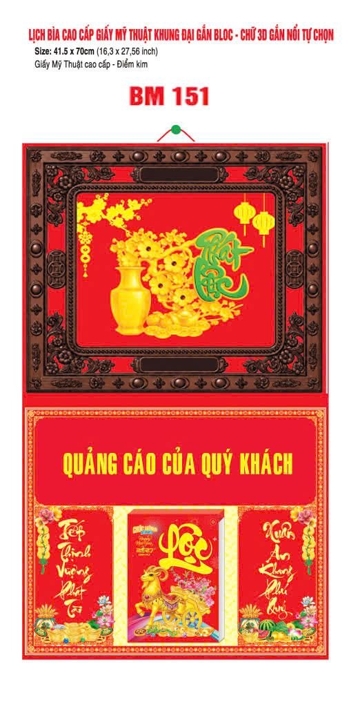 Bìa Lịch Treo Khung Đại Gắn Bloc BM 2027 BM151 - Kim Dương Phú Quý - Quà Tặng Miền Bắc